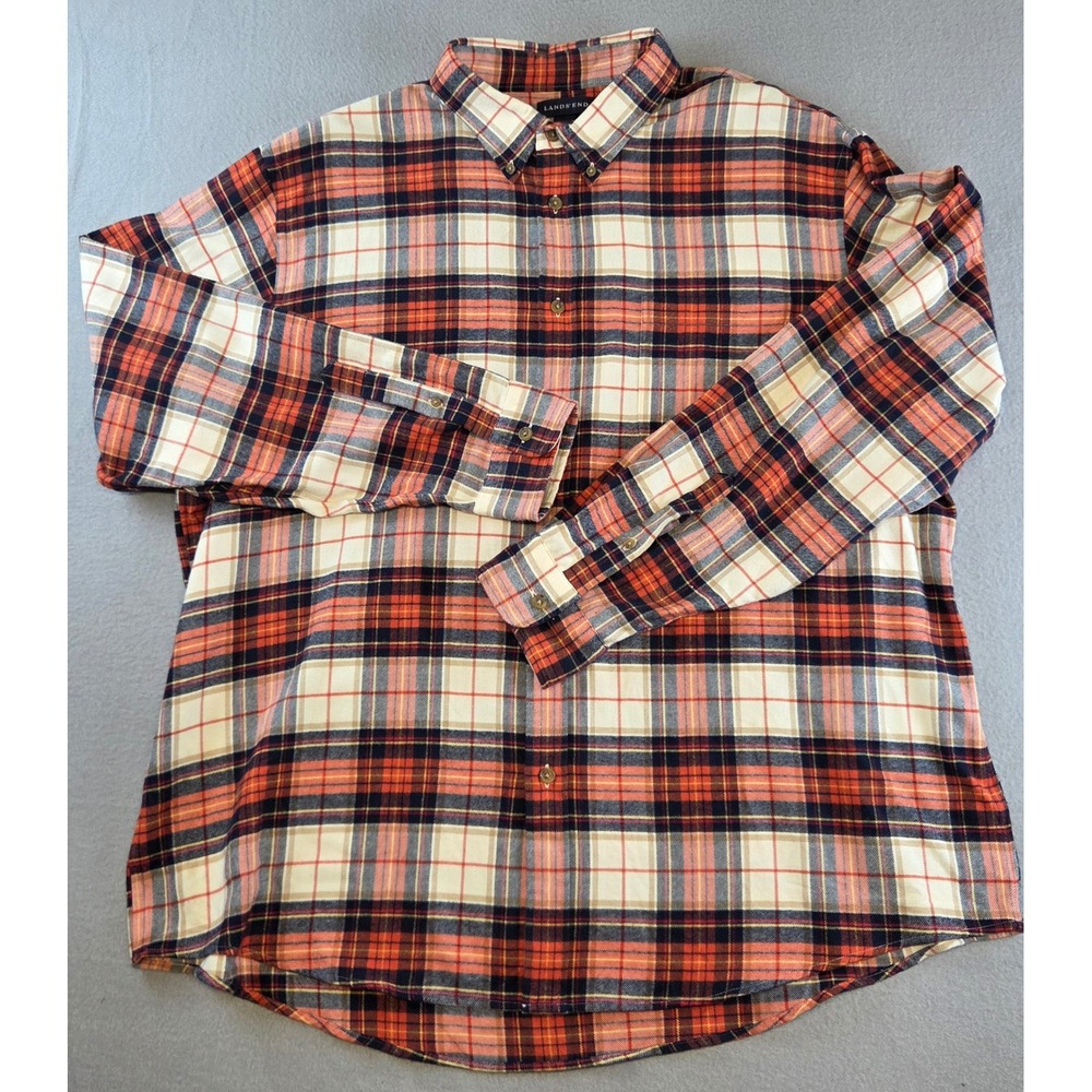 Lands' End Mens Flannel Shirt Plaid Fall Button Down Cotton XXL 18-18.5 Orange